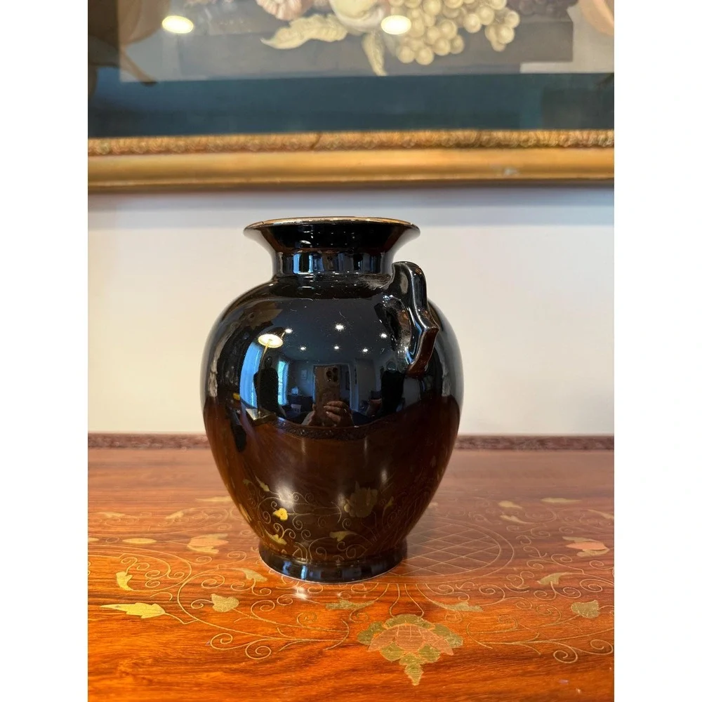 Vintage Japanese Black Ceramic Vase Hummingbird & Red‎ Blossom Motif